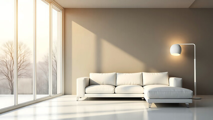 Simple yet stylish minimalist modern living room with white couch and wall in soft natural lighting