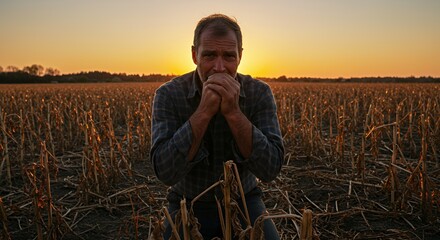 Farmer Contemplating Harvest in Sunset