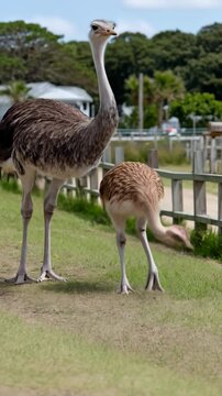 Two juvenile rheas graze in a grassy enclosure on a sunny day, surrounded by greenery and a wooden fence under a clear blue sky, outdoors