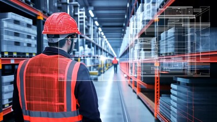 Warehouse worker with overlaid architectural schematic, wearing PPE, stands in a large, modern distribution center aisle - Powered by Adobe