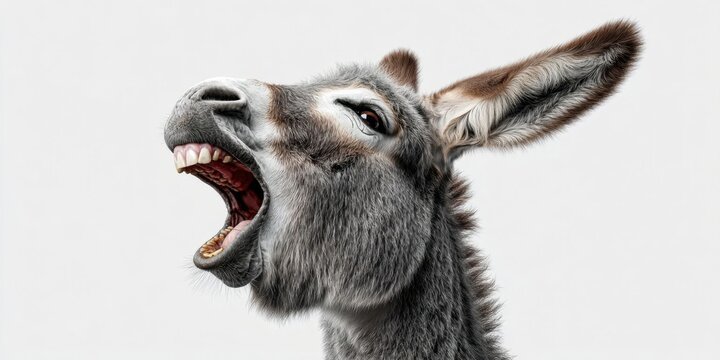 Funny Donkey Portrait with Open Mouth and Smiling Expression on White Background