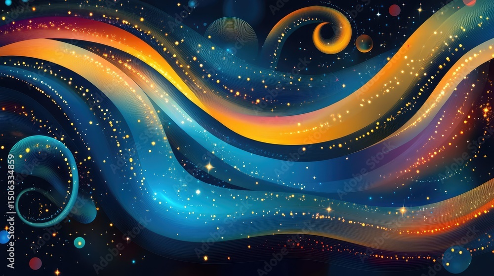 Poster abstract waves of colorful light and stars in a cosmic space with vibrant swirls and fluid patterns 