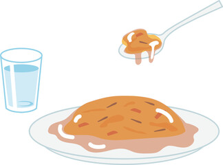 水と天津飯、食べかけのスプーンのベクターイラスト