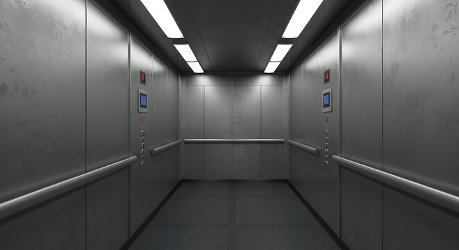 This industrial elevator interior is designed for efficient transport of goods and materials