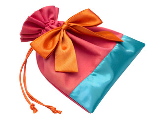 Pink and Turquoise Satin Drawstring Gift Bag Isolated on transparent background, Isolated Png file, Cut-out, Isolate Png, No Background, Isolated object