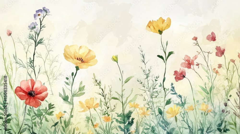 Poster watercolor floral background with an array of colorful wildflowers in soft pastels depicting a seren