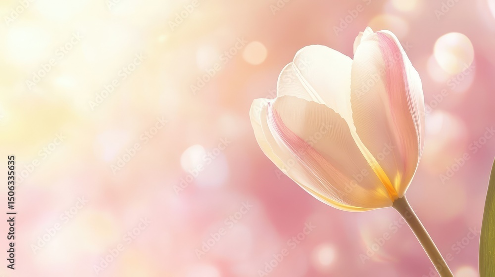 Poster delicate soft pink tulip flower on a light background with bokeh effect, perfect for springtime or f