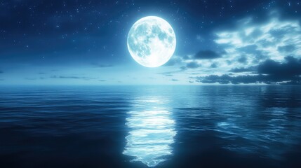 Serene Night Over Tranquil Ocean: A Glowing Full Moon Illuminates Calm Waters with Starry Sky for Peaceful Nature-Inspired Backgrounds and Creations