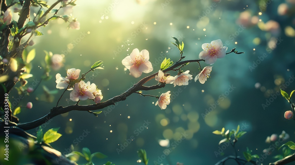 Poster delicate cherry blossom branch in serene light with soft petals and gentle bokeh background creating