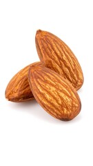 Closeup of delicious roasted almonds on white background with healthy snack food.