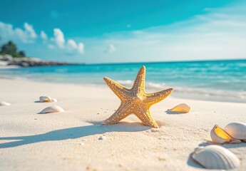 Golden starfish on pristine beach, turquoise water, sunny sky