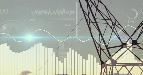 Opening dusk valley tower centering as waveform sweeping and bars pulsing mapping power flow