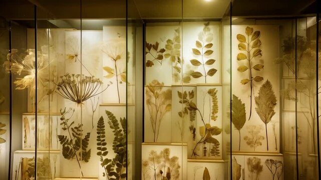 Display case featuring pressed botanical specimens, including leaves, ferns, and flowers, arranged on paper backgrounds in a museum-like setting, elegant and formal.