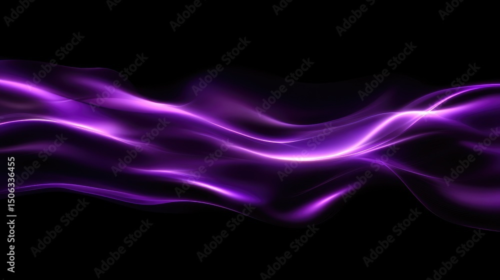 Poster ethereal flow of purple light on a dark background, captivating and abstract wave patterns represent