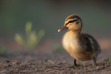 a small duck standing on top of a dirt field