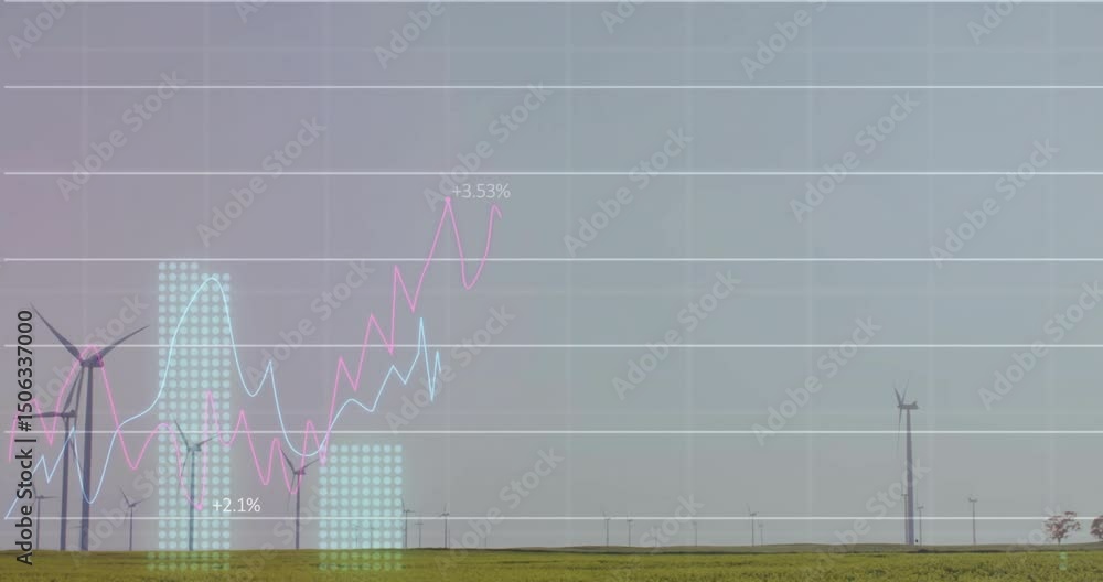 Poster after stillness, grid lines fading, neon graphs tracing upward and bars rising showing turbine data