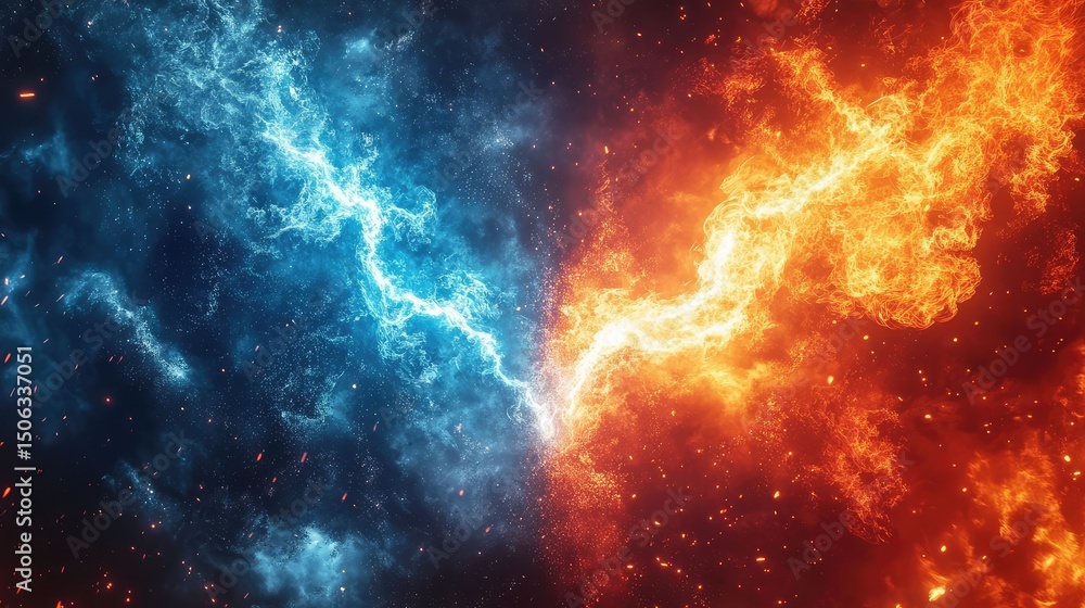 Poster stunning visual of blue and orange energies clashing with dynamic lightning effects creating a fiery
