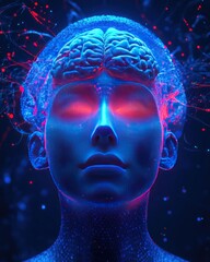Human head, glowing brain, energy,  abstract digital art