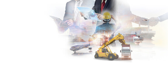 The double exposure image of the businessman using a smartphone during sunrise overlay with Logistics and transportation of Container Cargo ship and Cargo plane