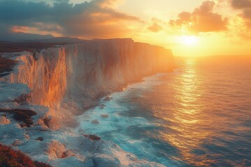 Fototapeta premium Sunset over coastal cliffs, ocean waves, travel poster