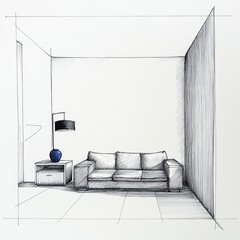 Interior sketch of a living room with couch, lamp, and vase