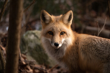 Fototapeta premium a fox is standing in the woods looking at the camera