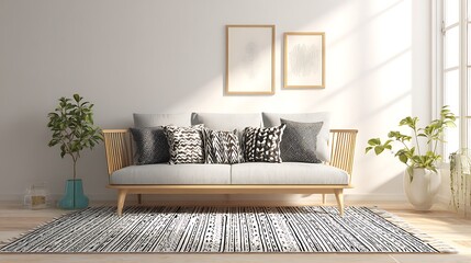 Scandinavian nordic-style living room interior with cozy fabric sofa, green potted plant, soft rug, minimalist wall art and clean composition, modern elegant home design.