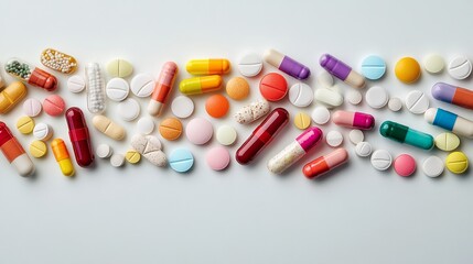 Pills of drugs on white background with copy space