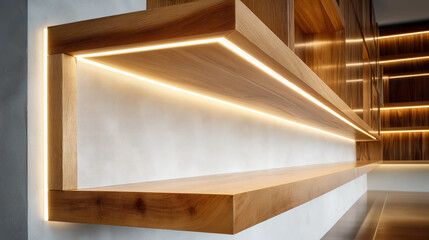 Modern wooden shelf with integrated LED strip lighting, minimal interior design detail