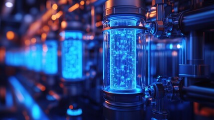 A high-tech water filtration system glowing with blue digital energy 