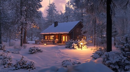 Cozy Cabin in Snowy Forest at Dusk