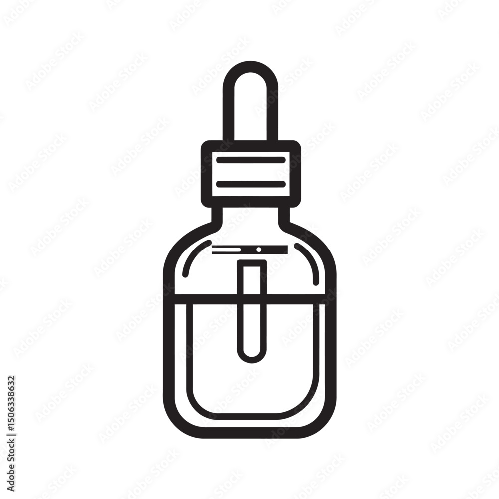 Poster simple black outlined dropper bottle displaying product inside against a transparent background