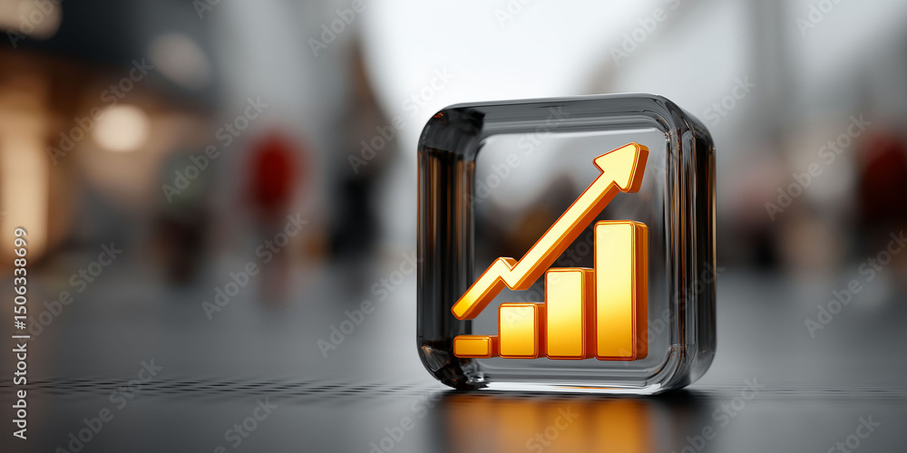 Poster a clear plastic cube with a golden arrow pointing upwards and three bars on each side. the bars are 