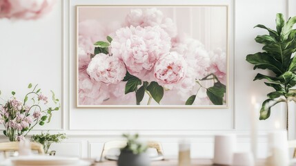 Elegant Interior with Floral Artwork featuring Soft Pink Peonies in a Minimalist Living Space for a Fresh and Serene Atmosphere