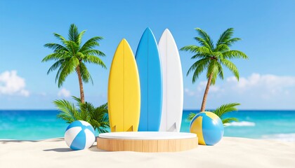 Tropical beach with palm trees and sunshine during summer vacation on the island.
