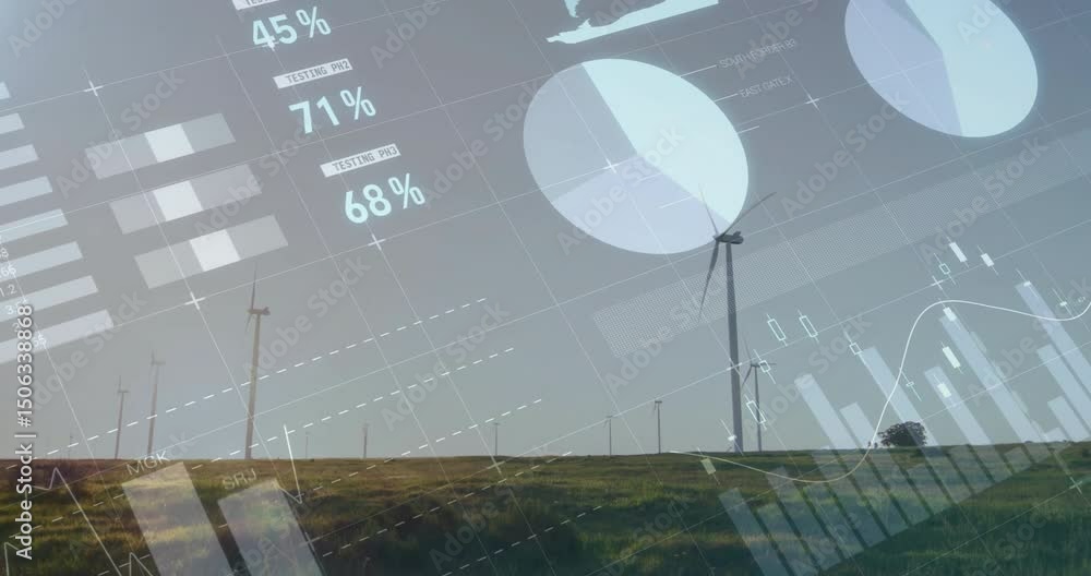Aufkleber on start, wind turbines animating metrics fading and expanding to visualize production trends