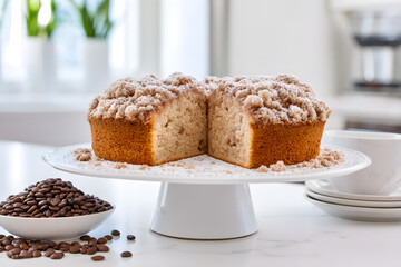 Moist coffee cake featuring a rich, layered texture topped with a generous, sweet, crumbly streusel, making it the ideal companion for coffee or tea. Food concept
