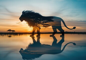 Majestic lion silhouette at sunset over a tranquil African waterhole