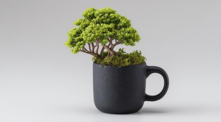 Miniature bonsai tree in a dark gray mug, nestled in moss, against a light gray background