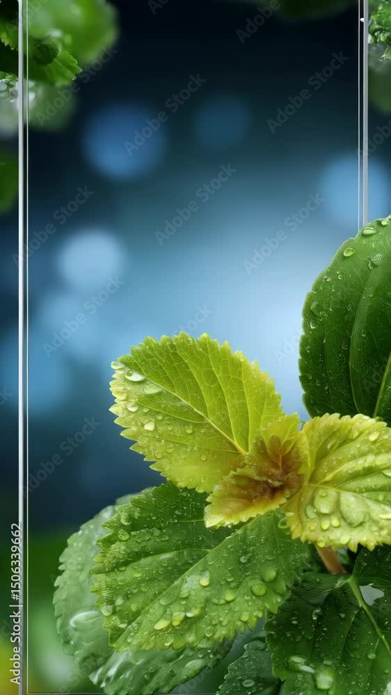 Poster vertical close up of wet green leaves with water droplets, set against a blurry bokeh background wit