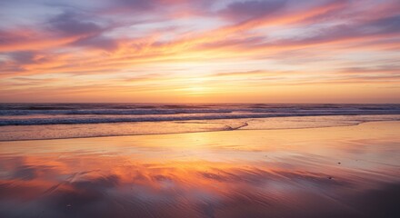 Fototapeta premium Vibrant sunset over ocean beach landscape scenery calm water and sky reflection