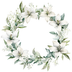White lily floral wreath with green leaves and delicate flowers isolated on transparent background