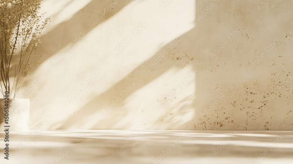 Poster soft light and minimalist design in a neutral space featuring a simple plant in a modern pot against