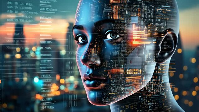 Digital AI Woman with visualization binary code - Powered by Adobe