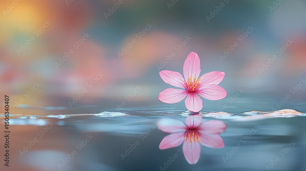 Poster delicate pink flower floating on calm reflective water surface with soft bokeh background creating a