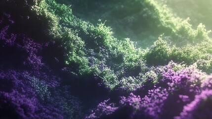 Magical forest pathway surrounded by lush green trees and ferns with mystical sunlight