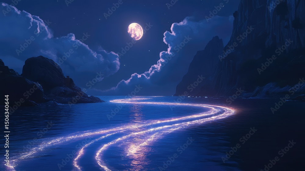 Poster serene nightscape with a glowing path across calm waters under a full moon surrounded by majestic mo