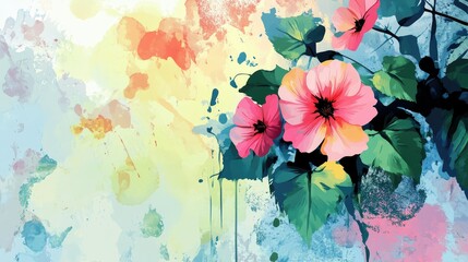 Vibrant Abstract Floral Art with Splashes of Color and Lush Greenery for Decoration, Background, and Creative Projects in Digital Design