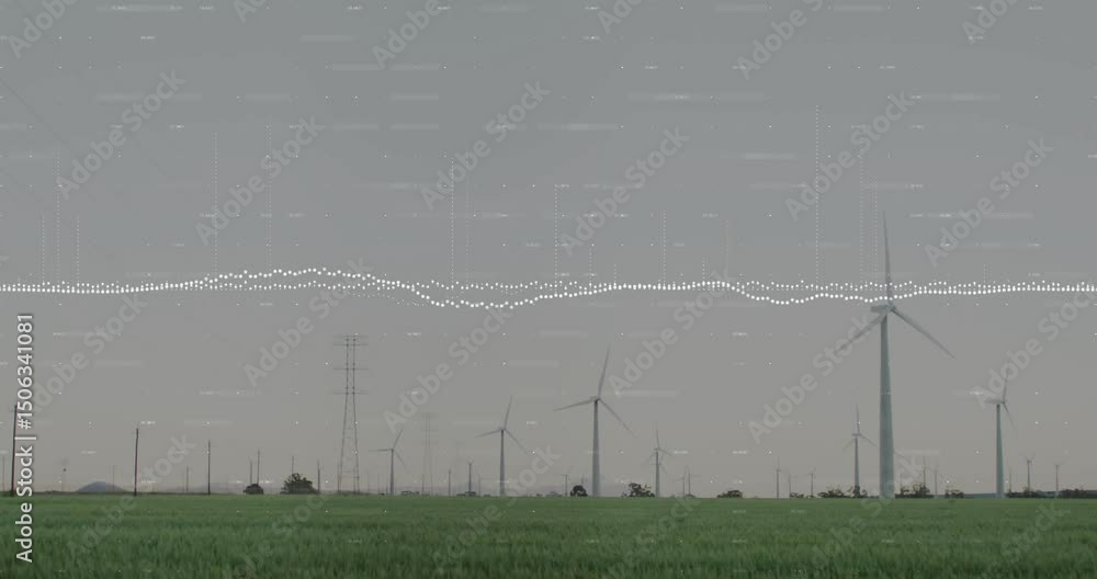 Poster audio activating dotted waveform drifting above turbines and pylons visualizing data across field