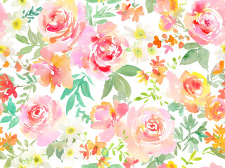 PNG Seamless pattern of abstract pink roses and wild flowers painted in watercolor. Floral wallpaper pattern in watercolor. Hand painted botanical pattern with transparent background.